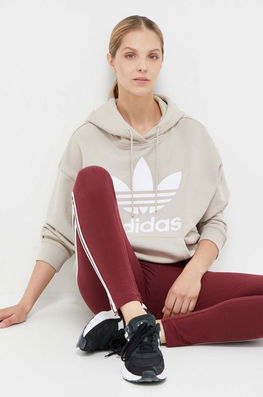 Adidas Originals Hanorac De Bumbac Femei, Culoarea Bej, Cu Glugă, Cu Imprimeu Dama, Model Print
