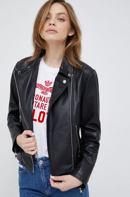 Emporio Armani Geaca Ramones De Piele Femei, Culoarea Negru, De Tranzitie Dama