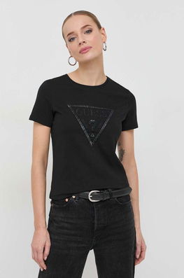 Guess Tricou Din Bumbac Culoarea Negru Dama, Model Imprimeu