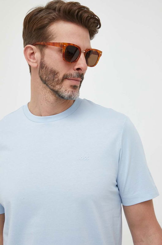 BOSS Tricou Din Bumbac Culoarea Negru, Neted Bărbaţi Albastru