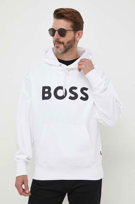 BOSS Hanorac De Bumbac Barbati, Culoarea Alb, Cu Glugă, Cu Imprimeu Bărbaţi, Model Print