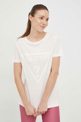 Guess Tricou Din Bumbac Culoarea Bej Dama, Model Print