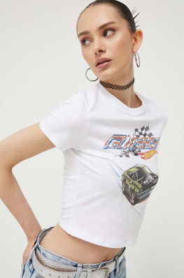 Guess Originals Tricou Femei, Culoarea Alb Dama, Cu Elastan, Model Print