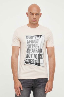 Guess Tricou Din Bumbac Culoarea Bej, Cu Imprimeu Bărbaţi, Model Print