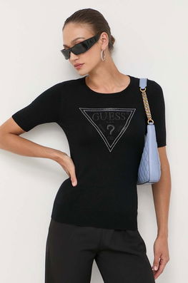Guess Tricou Femei, Culoarea Negru Dama, Cu Elastan, Model Imprimeu