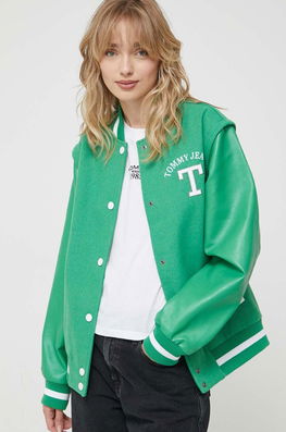 Tommy Jeans Jacheta Bomber Din Amestec De Lana Culoarea Verde, De Tranzitie Dama, Cu Un Amestec De Lana