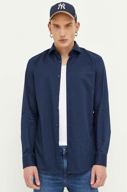 HUGO Camasa Din Bumbac Barbati, Culoarea Albastru Marin, Cu Guler Italian, Slim Bărbaţi Bleumarin, Elegant