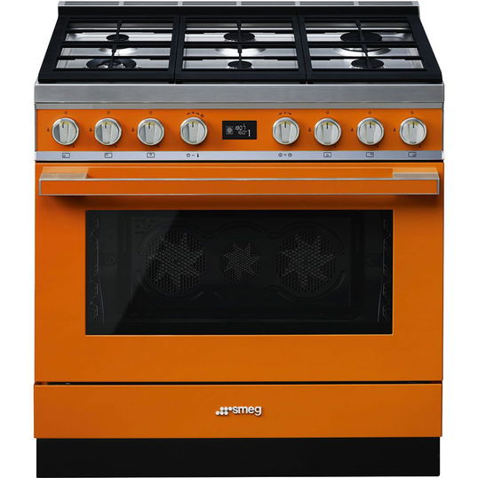 Masina de gatit mixta Smeg Portofino CPF9GPOR, 90 cm, portocaliu, gratare fonta, Wok, pirolitic, 115 l cuptor