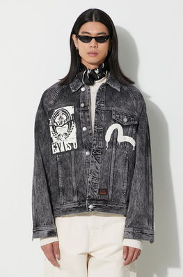 Evisu Geaca Jeans Poster And Seagull Print Barbati, Culoarea Negru, De Tranzitie, 2EAHTM3DJ8064LFCS