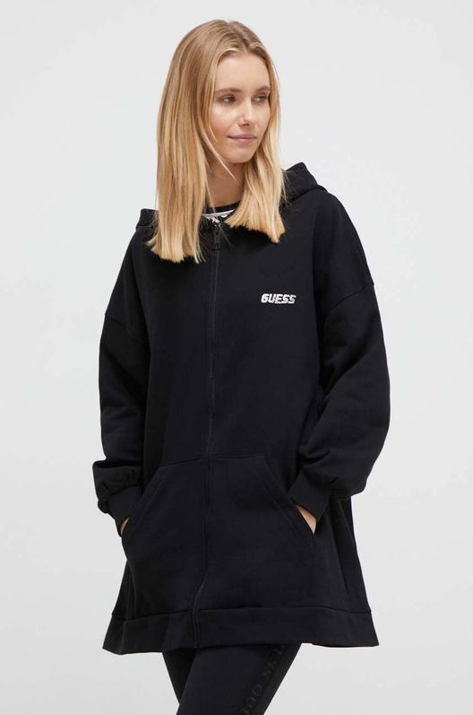 Guess Hanorac De Bumbac Femei, Culoarea Negru, Cu Glugă, Neted