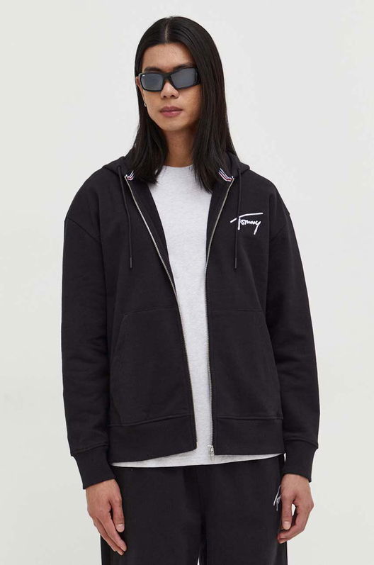 Tommy Jeans Hanorac De Bumbac Barbati, Culoarea Negru, Cu Glugă, Neted