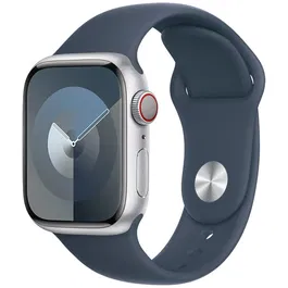 Apple Watch 9, GPS, Cellular, Carcasa Silver Aluminium 41mm, Storm Blue Sport Band - S/M