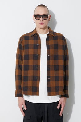 Universal Works Cămașă Din Bumbac TRAVAIL OVERSHIRT Bărbați, Culoarea Maro, Cu Guler Clasic, Regular, 29161