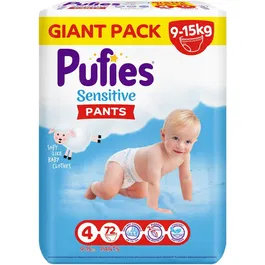 Scutece-chilotel Pufies Sensitive, Marimea 4 Maxi, 9-15 kg, 72 buc, Giant pack