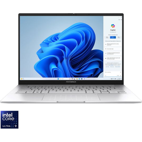 Laptop ASUS Zenbook 14 OLED UX3405MA cu procesor Intel® Core™ Ultra 9 185H pana la 5.1 GHz, 14'', 3K, OLED, 120Hz, 32GB LPDDR5X, 1TB SSD, Intel® Arc™ Graphics, Windows 11 Pro, Foggy Silver