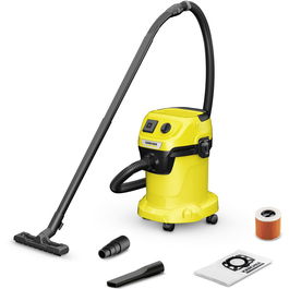 Aspirator umed-uscat Karcher WD 3 P V-17/4/20 1.628-170.0, Aspirare umeda si uscata, 17 L, Furtun 2 m, 1000 W, Filtru cartus, Priza integrata cu intrerupator, Functie de suflare, Sistemul de blocare „Pull & Push”, Galben/Negru