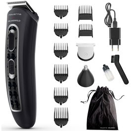 Aparat de tuns parul si barba Rowenta x Karl Lagerfeld Trim & Style 12 in 1 TN911LF0, autonomie 120 min, capat pentru barba cu 2 piepteni, capat pentru par cu 6 piepteni, accesoriu nas&urechi, 6500 rpm, kit curatare&intretinere, husa, negru/r