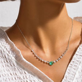 Lantisor din argint pentru femei cu pandantiv central inima stralucitoare smarald heart, cristal picatura, dama, argint 925 rodiat/argint 925 placat cu aur, cadoul perfect pentru femei, inima oceanului, 39 +5 cm, 2,43 gr