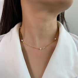 Lantisor din argint placat cu aur si perle naturale pentru femei, perla naturala de cultura 4-5 mm, argint 925, bijuterii cu perle naturale, stil minimalist, summer festival, 2,63 gr