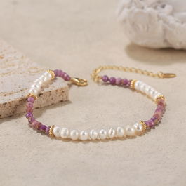 Bratara din argint festival summer cu perle naturale de cultura si cristale mov lila, argint 925 placat cu aur, bijuterii pentru femei boho style, casual, perla forma neregulata, perla naturala 3-4 mm, 5,49 gr