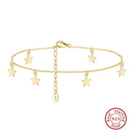 Bratara de picior din argint pentru femei, model finut si stralucitor pentru glezna, stelute, argint 925 rodiat/argint 925 placat cu aur, star, 21 + 5 cm, argintiu/auriu, 1,63 gr