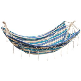 Hamac cu ciucuri Heinner, 200x150 cm, bumbac/poliester, model dungi, albastru/alb
