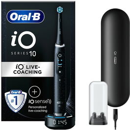 Periuta de dinti electrica Oral-B iO10 cu incarcator iOSense, Tehnologie Magnetica si Micro-Vibratii, Inteligenta artificiala, Display led, Senzor de presiune Smart, 7 moduri, 1 capat, Suport rezerve, Trusa de calatorie cu incarcator, Negru