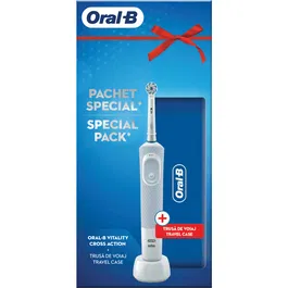 Periuta de dinti electrica Oral-B Vitality D100 Cross Action, 7600 Oscilatii/min, Curatare 2D, 1 program, 1 rezerva, trusa de calatorie, Alb