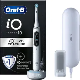 Periuta de dinti electrica Oral-B iO10 cu incarcator iOSense, Tehnologie Magnetica si Micro-Vibratii, Inteligenta artificiala, Display led, Senzor de presiune Smart, 7 moduri, 1 capat, Suport rezerve, Trusa de calatorie cu incarcator, Alb