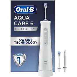 Irigator bucal portabil Oral-B AquaCare Pro Expert Series 6, Tehnologie Oxyjet, 3 intensitati, 2 fluxuri de apa, fara fir, Alb