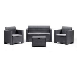 Set mobilier 4 piese gradina/terasa Nebraska Bica, canapea 2 locuri 131x57.5xH79 cm + 2 fotolii 75x57.5xH79 cm + masuta cu spatiu de depozitare 60x54xH41 cm, plastic, perne incluse, aspect rattan, gri-antracit