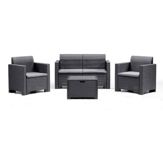 Set mobilier 4 piese gradina/terasa Nebraska Bica, canapea 2 locuri 131x57.5xH79 cm + 2 fotolii 75x57.5xH79 cm + masuta cu spatiu de depozitare 60x54xH41 cm, plastic, perne incluse, aspect rattan, gri-antracit