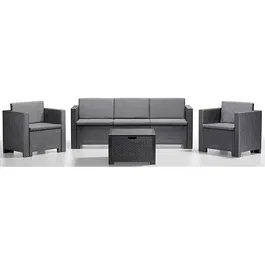 Set mobilier 4 piese gradina/terasa Colorado Bica, canapea 3 locuri 188x57.5xH64 cm + 2 fotolii 75x57.5xH64 cm + masuta cu spatiu de depozitare 60x54xH41 cm, plastic, perne incluse, aspect rattan, gri-antracit