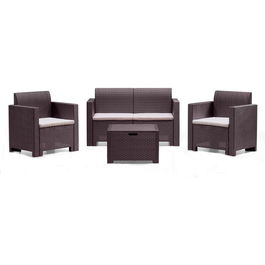 Set mobilier 4 piese gradina/terasa Nebraska Bica, canapea 2 locuri 131x57.5xH79 cm + 2 fotolii 75x57.5xH79 cm + masuta cu spatiu de depozitare 60x54xH41 cm, plastic, perne incluse, aspect rattan, maro