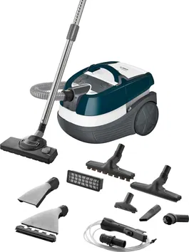 Aspirator Wet&Dry Bosch BWD41720 Seria 4, 1700 W, spalare, aspirare uscata cu sac, filtru EPA E10, perie XXL, Alb/Turcoaz