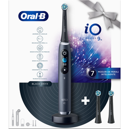 Periuta de dinti electrica Oral-B iO9 cu Tehnologie Magnetica si Micro-Vibratii 80812237, Inteligenta artificiala, Display led, Senzor de presiune Smart, 7 moduri, 1 capat, Suport rezerve, Trusa de calatorie cu incarcator, Negru + 2 capete de periaj