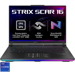 Laptop Gaming ASUS ROG Strix SCAR 16 G634JZR cu procesor Intel® Core™ i9-14900HX pana la 5.8 GHz, 16, QHD+, Mini LED, 240Hz, 64GB DDR5, 2TB SSD, NVIDIA® GeForce RTX™ 4080 12GB GDDR6 TGP 175W, Windows 11 Pro, Off Black
