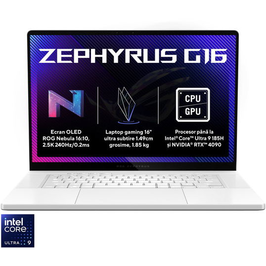 Laptop Gaming ASUS ROG Zephyrus G16 GU605MY cu procesor Intel® Core™ Ultra 9 185H pana la 5.1 GHz, 16, OLED, 2.5K, 240Hz, 32GB LPDDR5X, 2TB SSD, NVIDIA® GeForce RTX™ 4090 16GB GDDR6, No OS, Platinum White