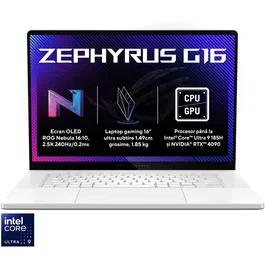 Laptop Gaming ASUS ROG Zephyrus G16 GU605MZ cu procesor Intel® Core™ Ultra 9 185H pana la 5.1 GHz, 16, OLED, 2.5K, 240Hz, 32GB LPDDR5X, 1TB SSD, NVIDIA® GeForce RTX™ 4080 12GB GDDR6, Win 11 Pro, Platinum White