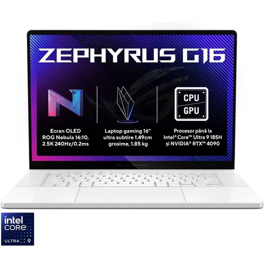 Laptop Gaming ASUS ROG Zephyrus G16 GU605MZ cu procesor Intel® Core™ Ultra 9 185H pana la 5.1 GHz, 16, OLED, 2.5K, 240Hz, 32GB LPDDR5X, 1TB SSD, NVIDIA® GeForce RTX™ 4080 12GB GDDR6, Win 11 Pro, Platinum White