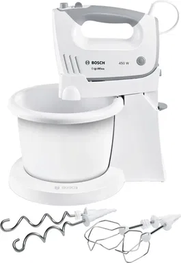 Mixer de mana cu bol Bosch MFQ36460, 450 W, 5 trepte de putere + functie turbo, Bol rotativ, Alb