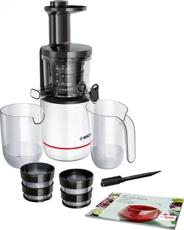 Storcator de fructe cu melc Bosch MESM500W, 150 W, 55 RPM, Doua filtre incluse, Functia DripStop, Alb