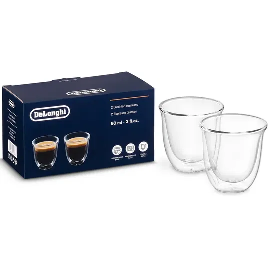 Set 2 pahare espresso De'Longhi, 2x90ml, Sticla termorezistenta, Transparente, Perete dublu