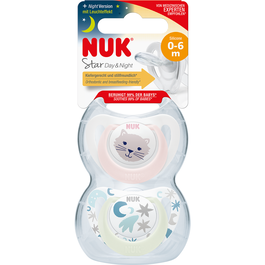Set 2 suzete NUK STAR, DAY/NIGHT, SILICON, 0-6 luni, fete