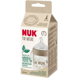 Biberon NUK for Nature cu Controlul Temperaturii, cu tetina din silicon sustenabil, forma asemanatoare cu mamelonul unei mame, crem, marime S cu 3 orificii subtiri, fara BPA, 150 ml