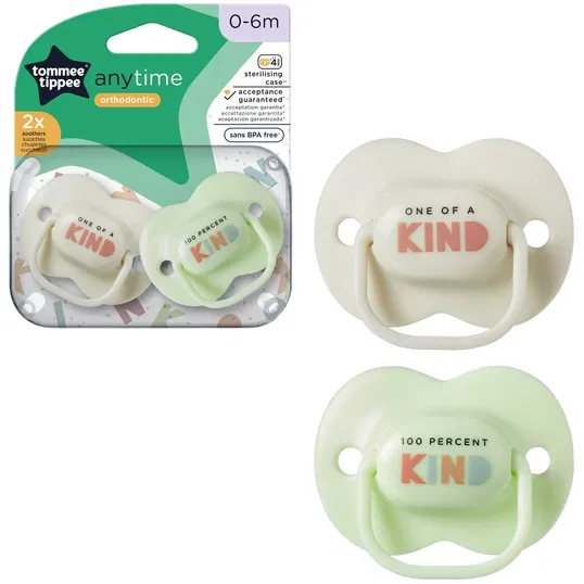 Suzeta Tommee Tippee Anytime, design ortodontic simetric, fara BPA, include cutie de sterilizare, 0-6 luni, 2 buc, Alb/verde