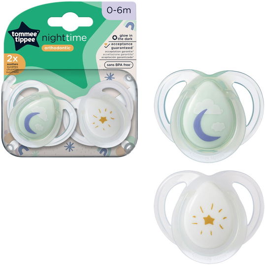 Suzeta Tommee Tippee de noapte, design ortodontic simetric, fara BPA, include cutie de sterilizare, 0-6 luni, 2 buc, alb verde