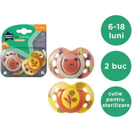 Suzeta Tommee Tippee Fun, design ortodontic simetric, fara BPA, include cutie de sterilizare, 6-18 luni, 2 buc, porto galben