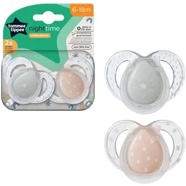 Suzeta Tommee Tippee de noapte, design ortodontic simetric, fara BPA, include cutie de sterilizare, 6-18 luni, 2 buc, steluta