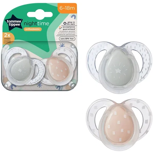 Suzeta Tommee Tippee de noapte, design ortodontic simetric, fara BPA, include cutie de sterilizare, 6-18 luni, 2 buc, steluta